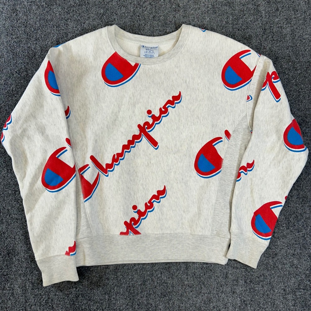 Champion Reverse Weave All Over Print Big C Logo Sweatshirt Oatmeal Small
